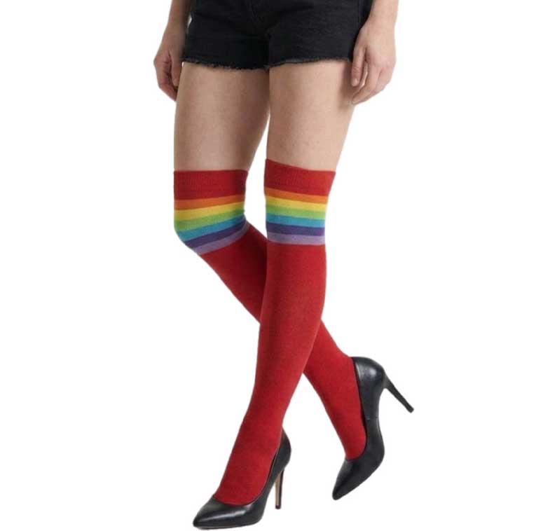 Shop red rainbow striped over-the-knee socks for women