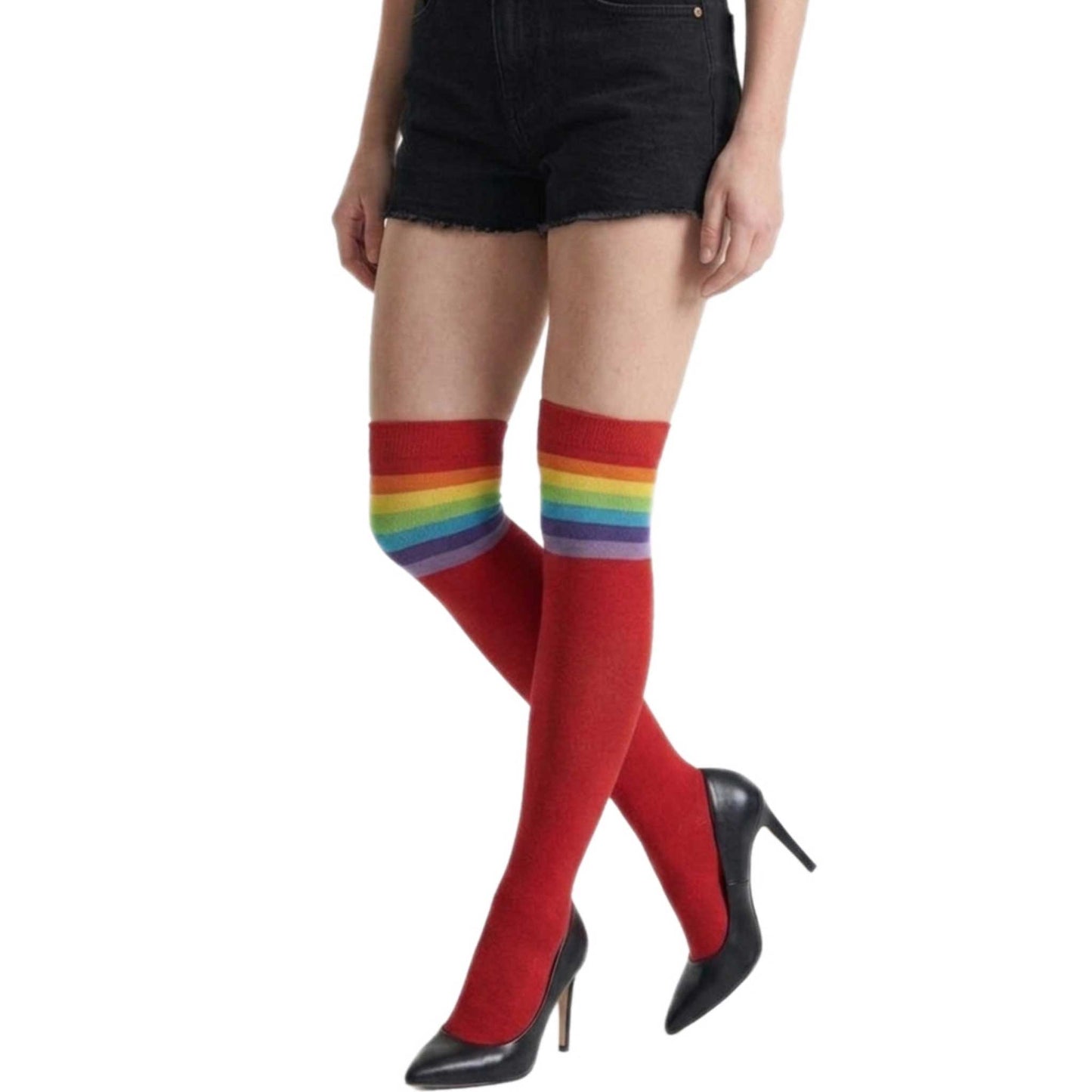 Shop red rainbow striped over-the-knee socks for women