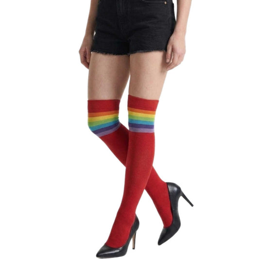 Shop red rainbow striped over-the-knee socks for women