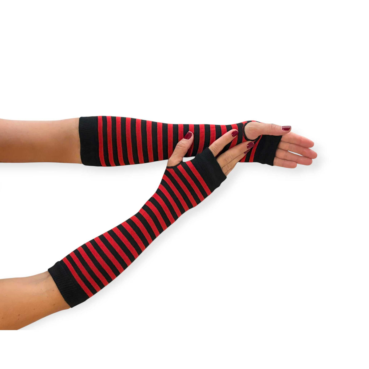 Malka Chic women’s red and black striped fingerless gloves with thumb openings and extended length.