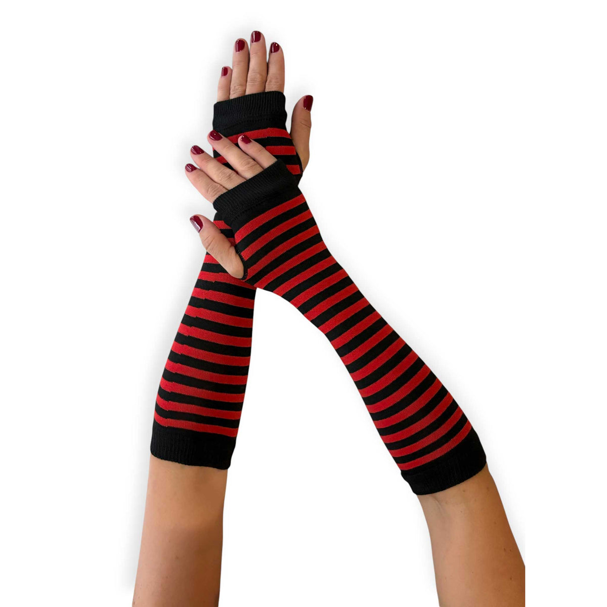 Long red and black striped arm warmers for women by Malka Chic with fingerless glove design.