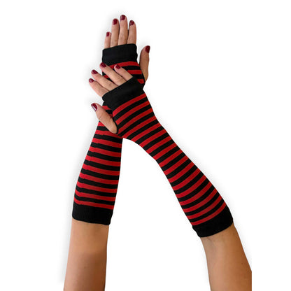 Long red and black striped arm warmers for women by Malka Chic with fingerless glove design.