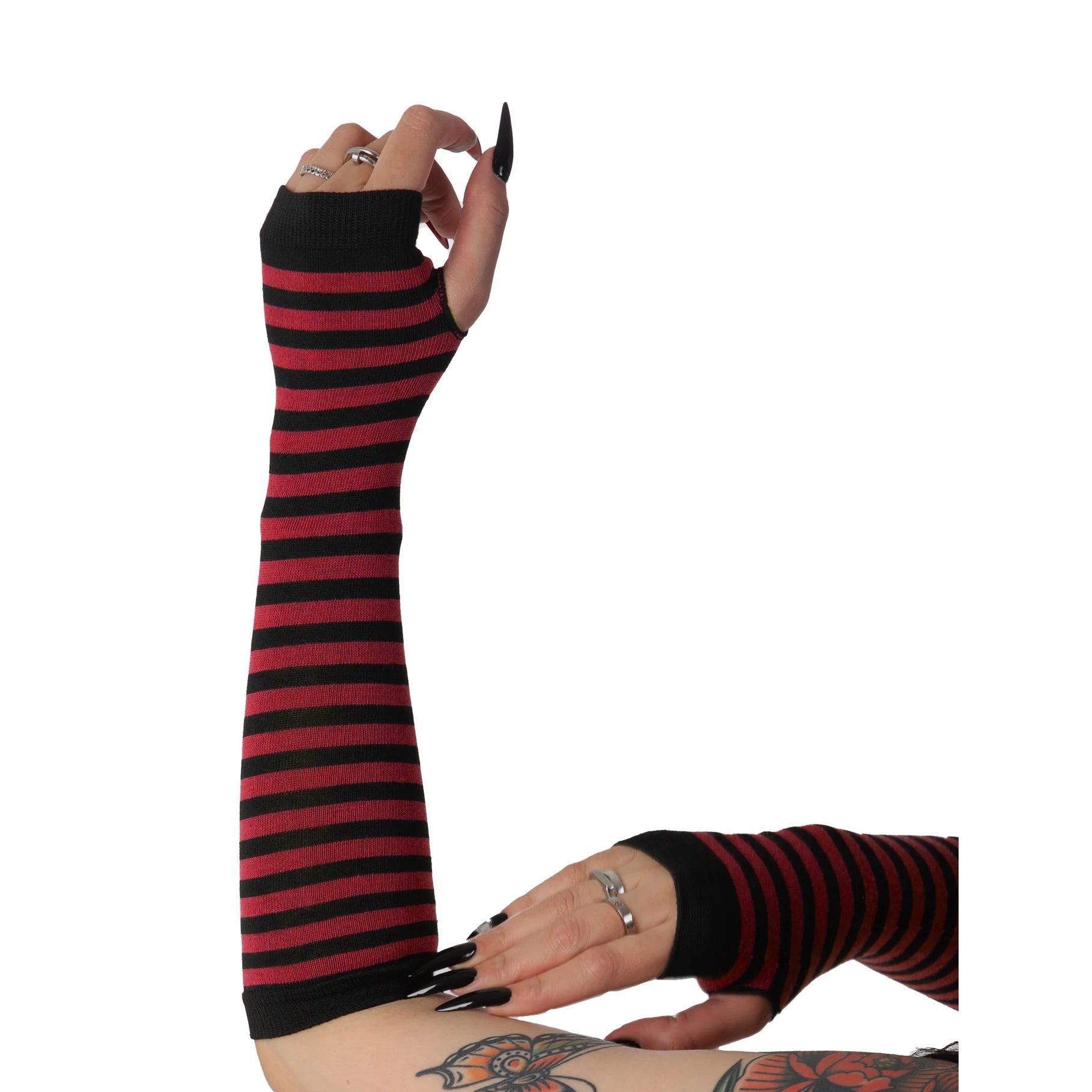 Red and black striped fingerless gloves for women with long knit arm warmer design.