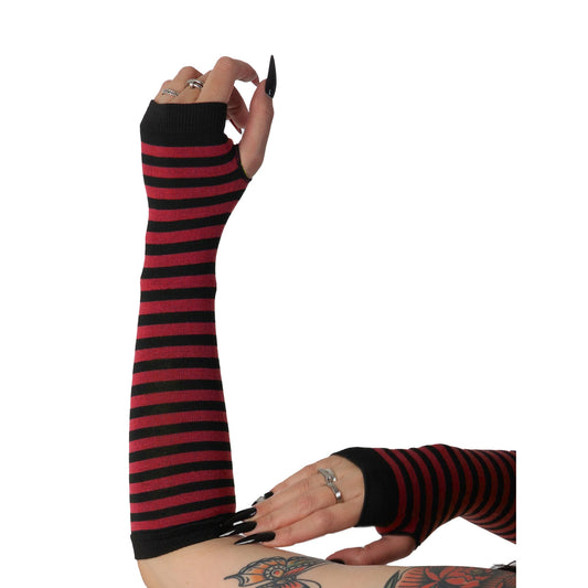 Red and black striped fingerless gloves for women with long knit arm warmer design.