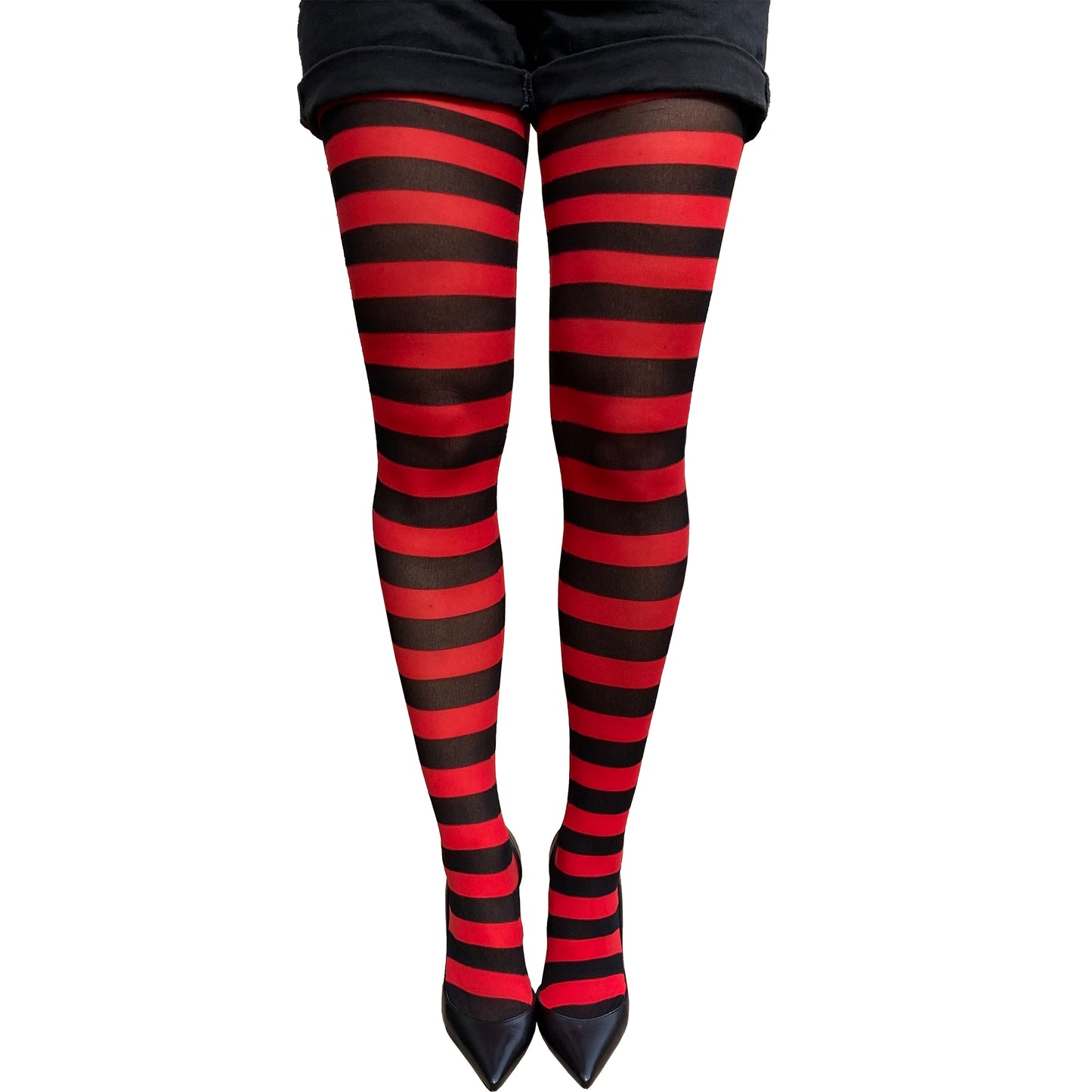 Red and Black striped tights worn with a black short sold at Malka Chic