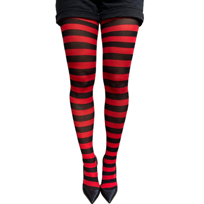 Red and Black striped tights worn with a black short sold at Malka Chic
