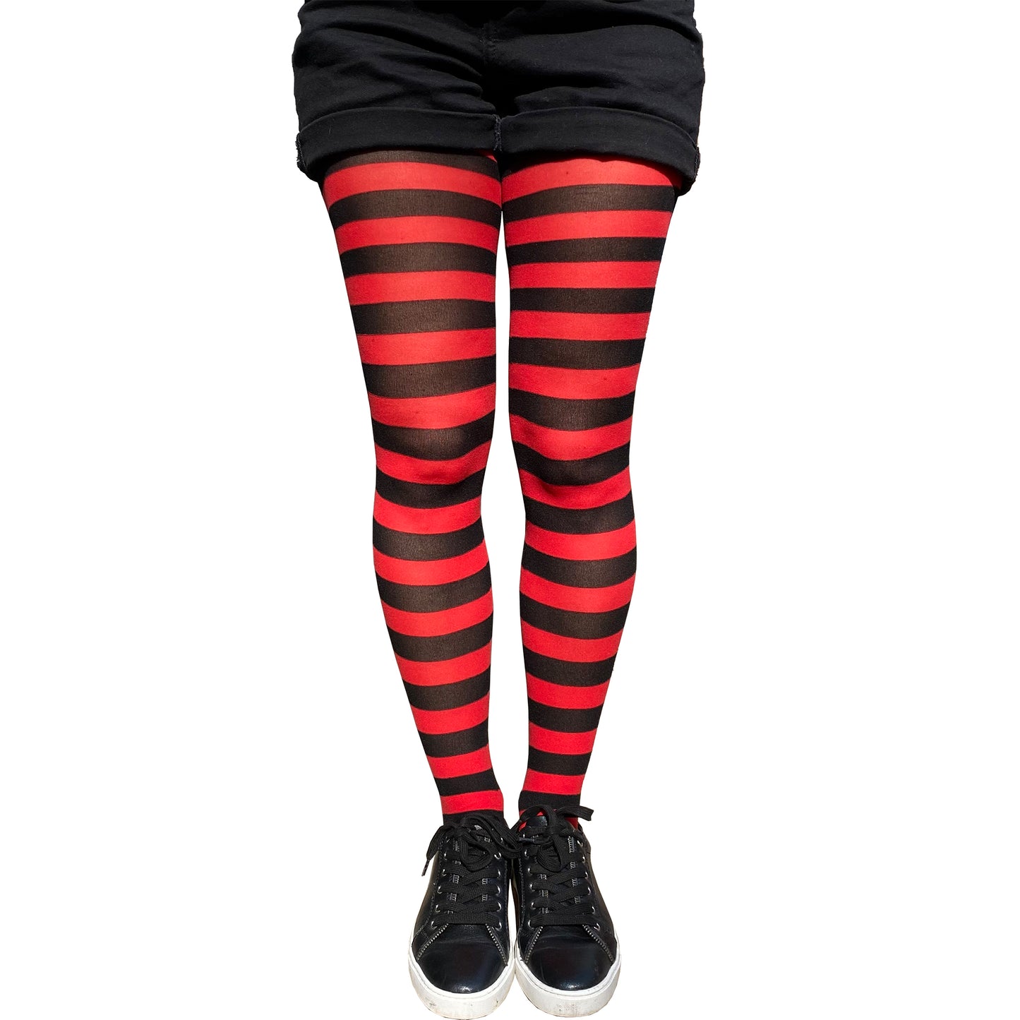Red and Black striped tights worn with a black short sold at Malka Chic 2