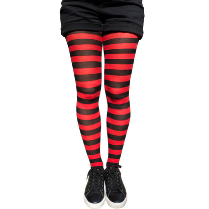 Red and Black striped tights worn with a black short sold at Malka Chic 2