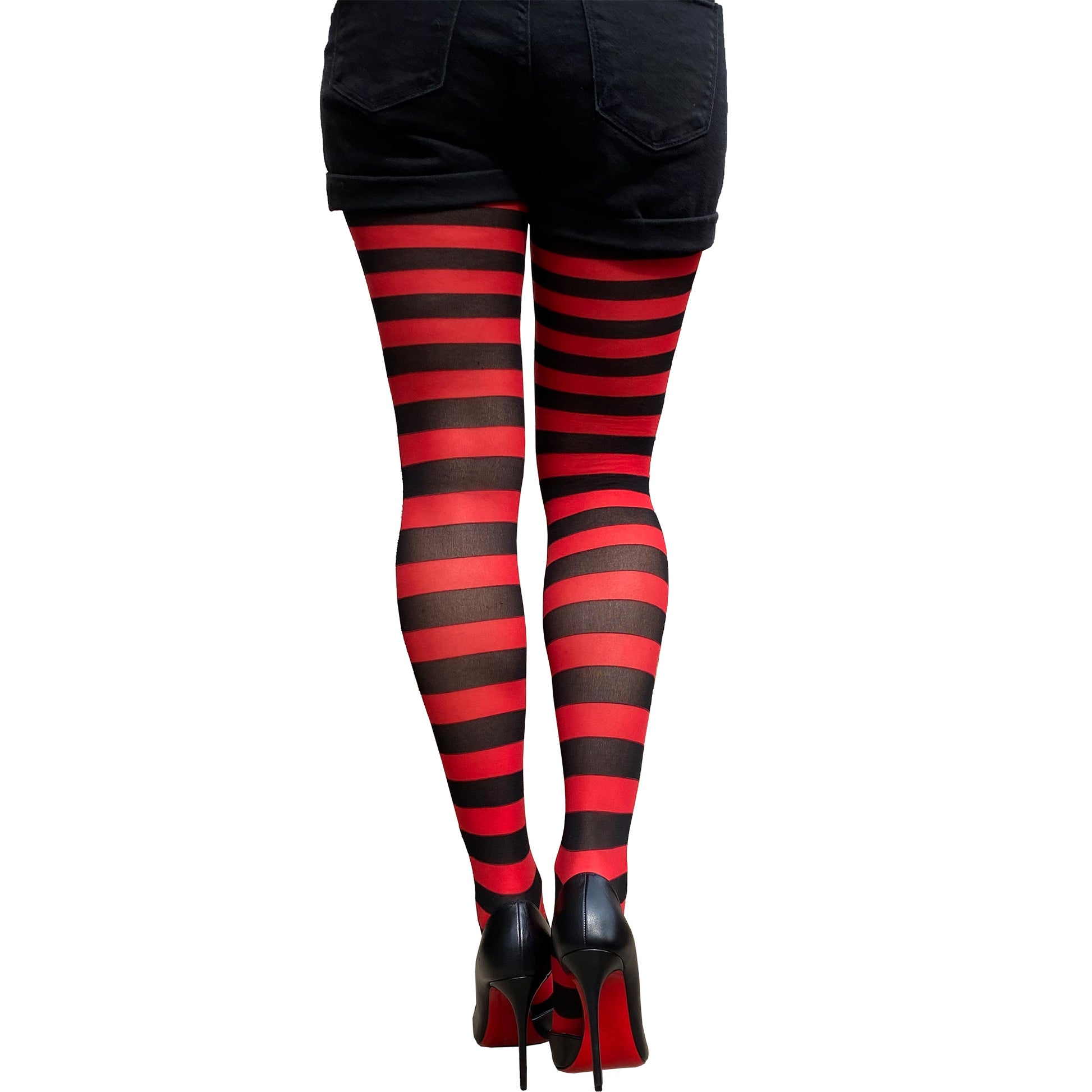 Red and Black striped tights worn with a black short sold at Malka Chic 3