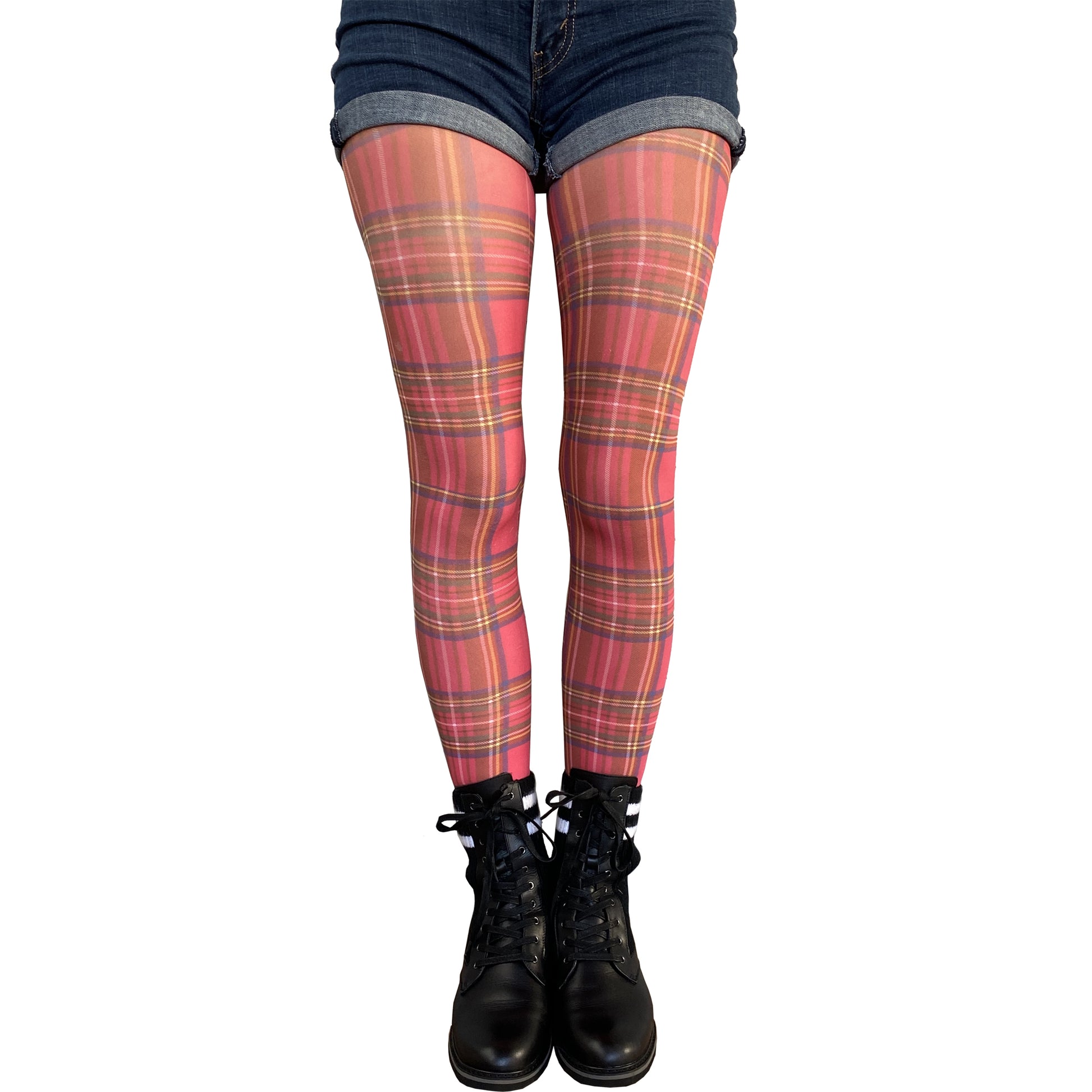 Red plaid tights women check pattern opaque design