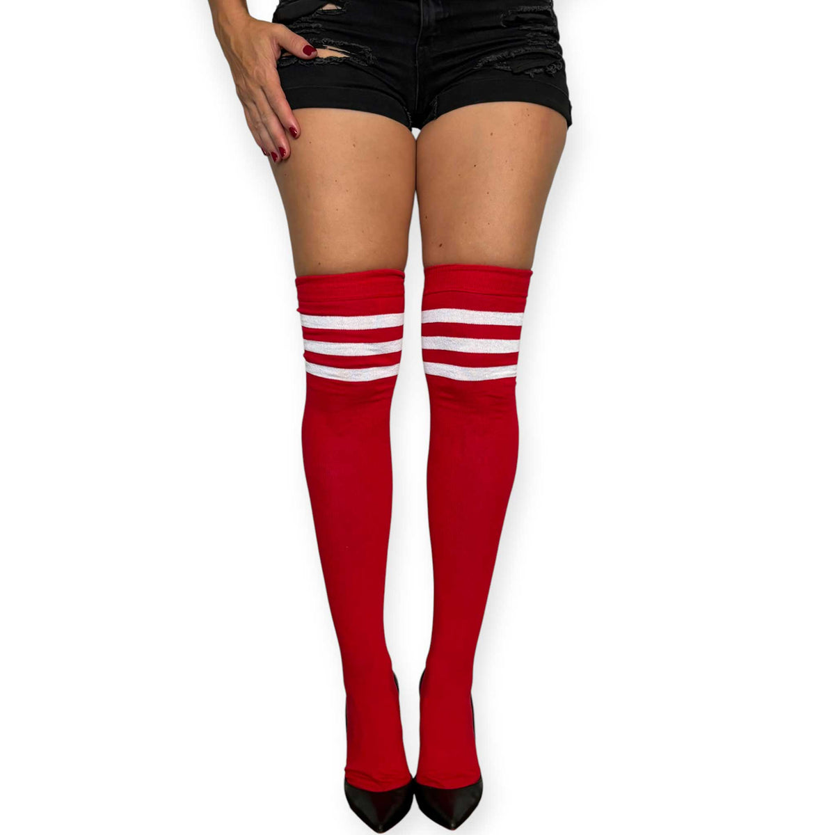 Front view of red and white striped over the knee socks for women by Malka Chic with three contrast bands near the top.