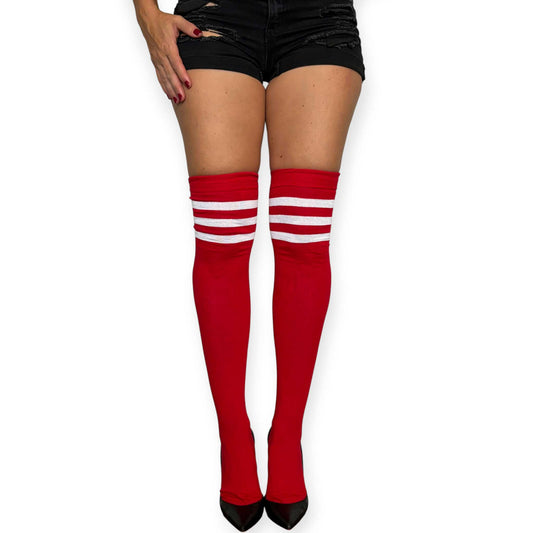 Front view of red and white striped over the knee socks for women by Malka Chic with three contrast bands near the top.