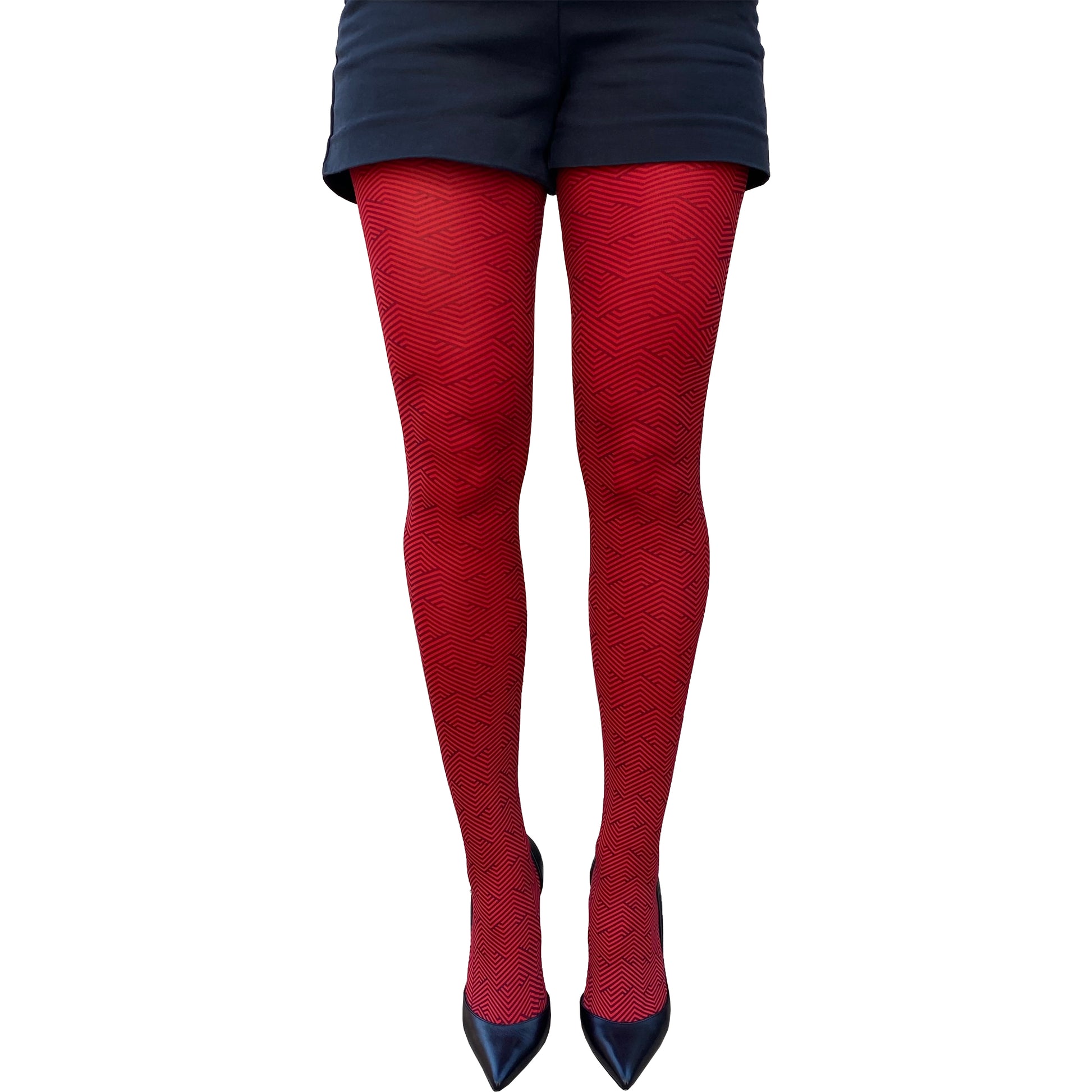 Red zig zag patterned tights for women by Malka Chic featuring bold geometric design hosiery.