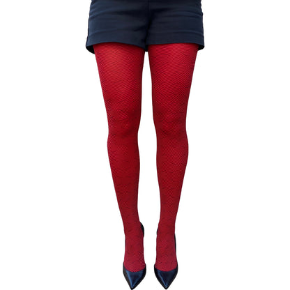 Red zig zag patterned tights for women by Malka Chic featuring bold geometric design hosiery.