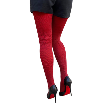 Malka Chic red zig zag tights with striking geometric pattern for stylish everyday outfits.