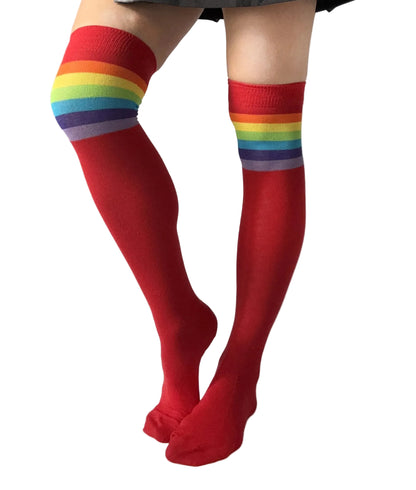 Women's red over-the-knee socks with rainbow stripes at the top, soft stretch thigh-high socks by Malka Chic.