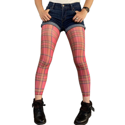 Red plaid footless tights for women by Malka Chic featuring classic check design