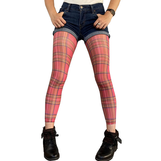 Red plaid footless tights for women by Malka Chic featuring classic check design