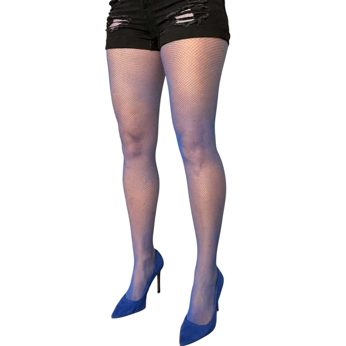 Malka Chic women’s royal blue fishnet tights styled with black distressed shorts and black sneakers.