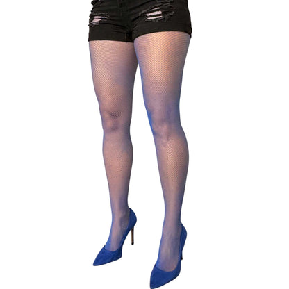 Malka Chic women’s royal blue fishnet tights styled with black distressed shorts and black sneakers.