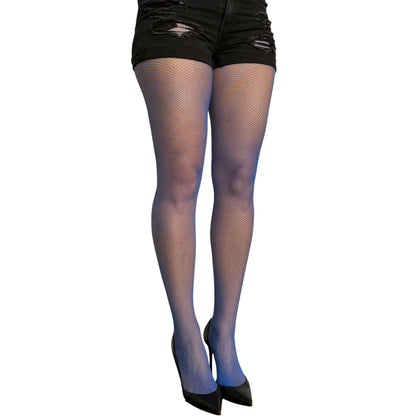 Royal blue sheer fishnet tights for women by Malka Chic with full-length mesh coverage.