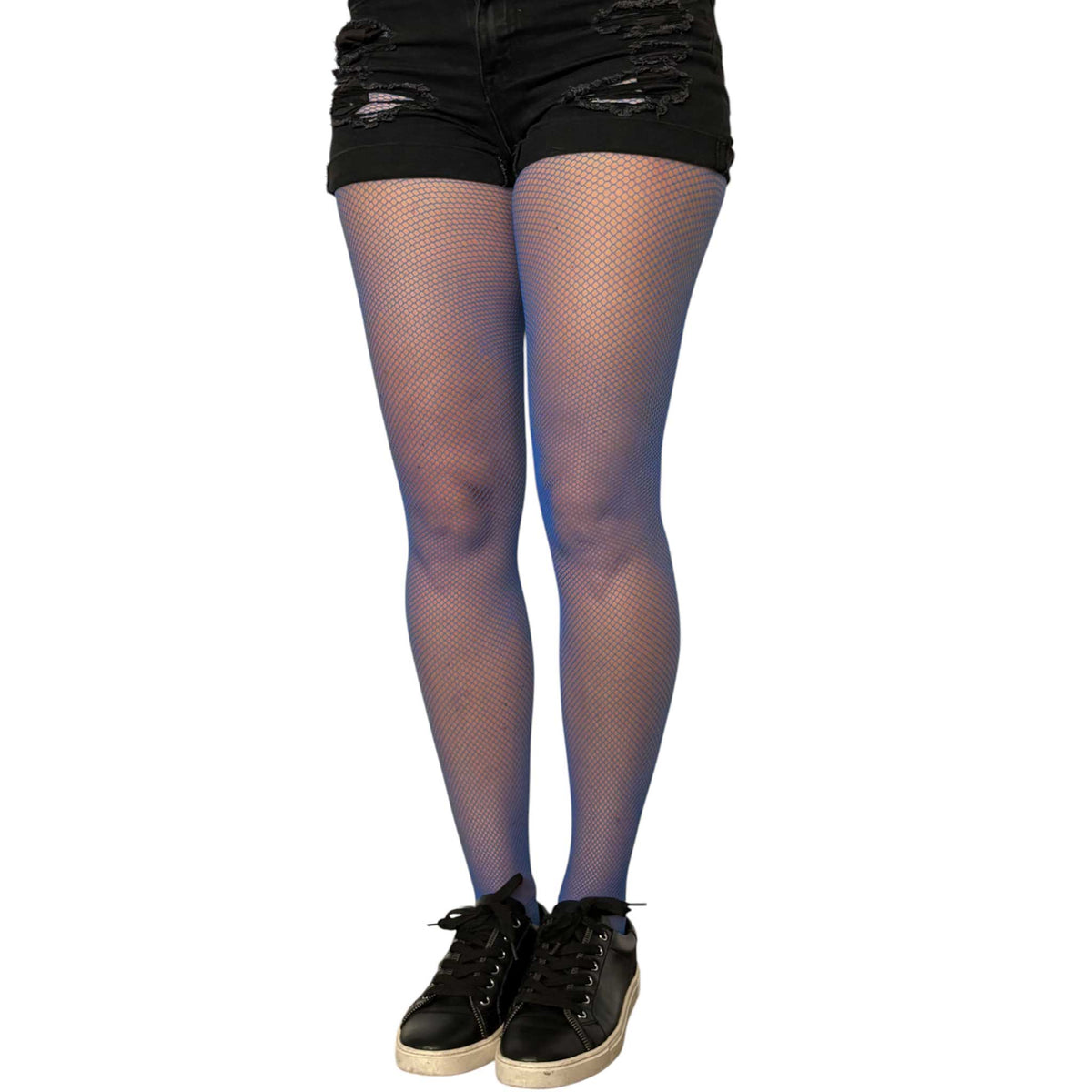 Royal blue fashion fishnet tights for women by Malka Chic styled with black shorts for a bold casual look.
