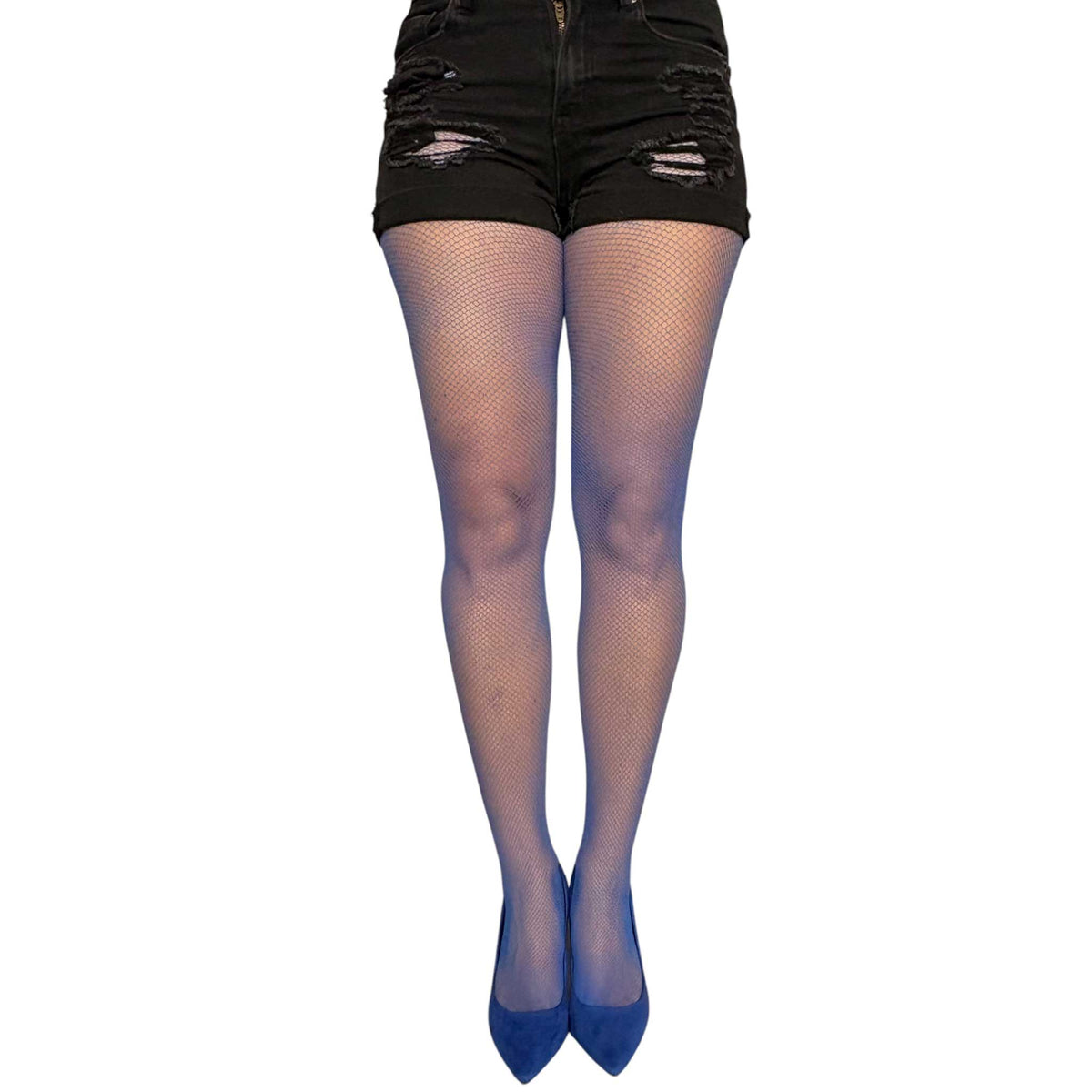 Royal blue fishnet tights for women by Malka Chic with a fine all-over mesh pattern.