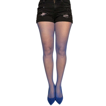 Royal blue fishnet tights for women by Malka Chic with a fine all-over mesh pattern.