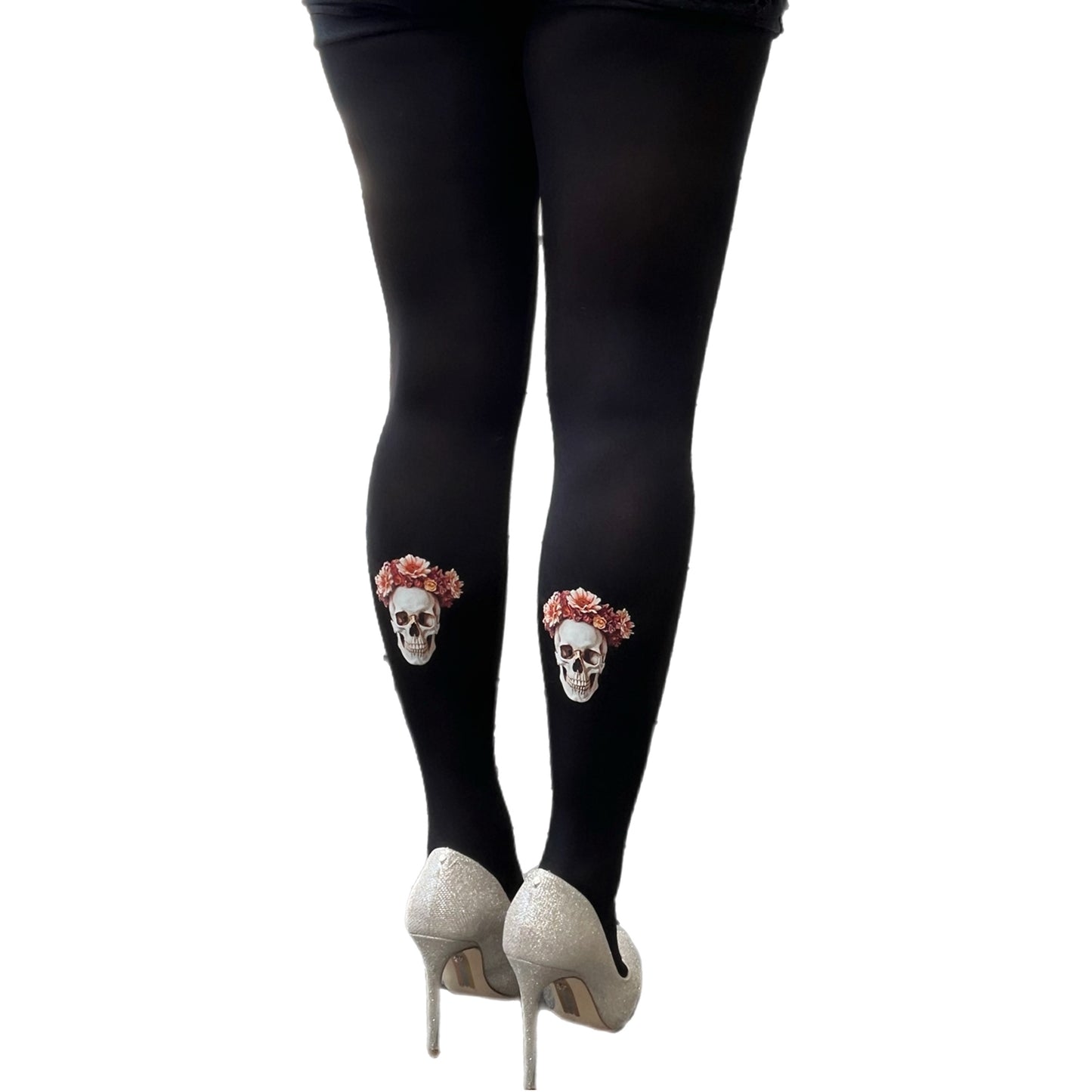 Rear view of black fashion tights featuring skull artwork on calves, opaque 80 denier women’s tights