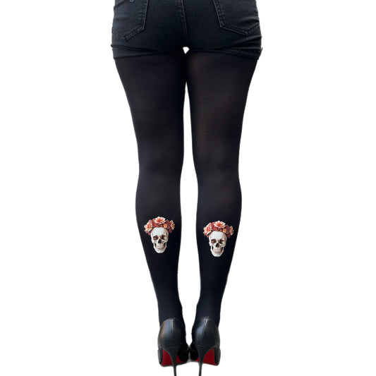 Black opaque 80 denier tights with skull print on the back calves, worn with high heels