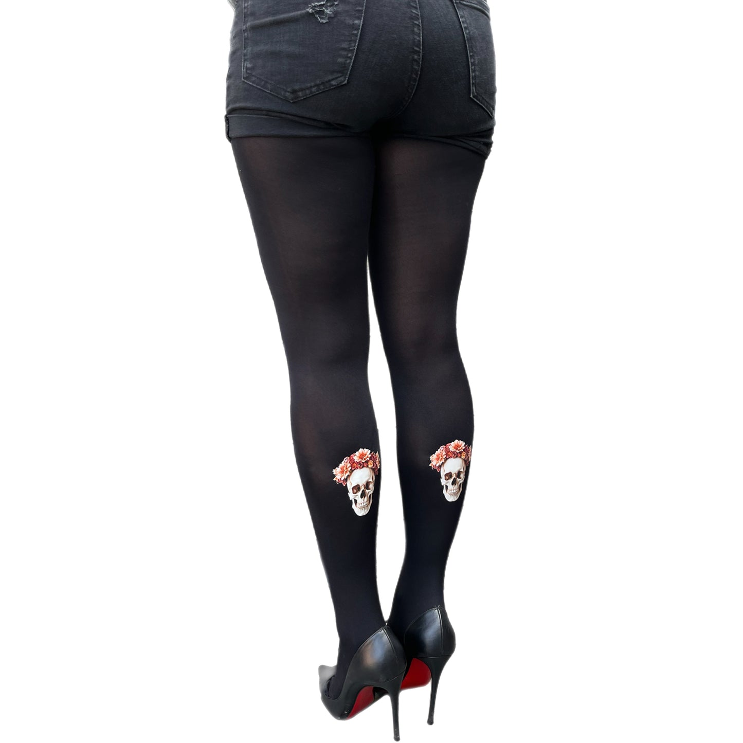 Women’s black skull back print tights, 80 denier opaque hosiery with edgy gothic design