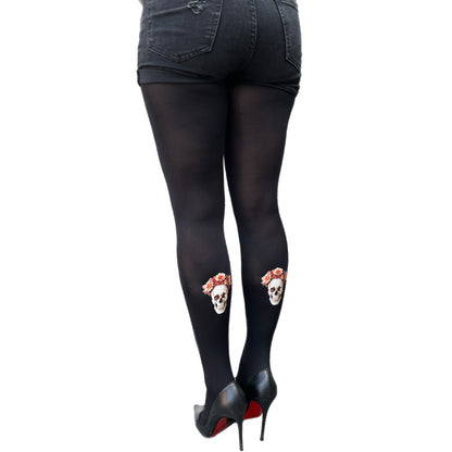 Women’s black skull back print tights, 80 denier opaque hosiery with edgy gothic design