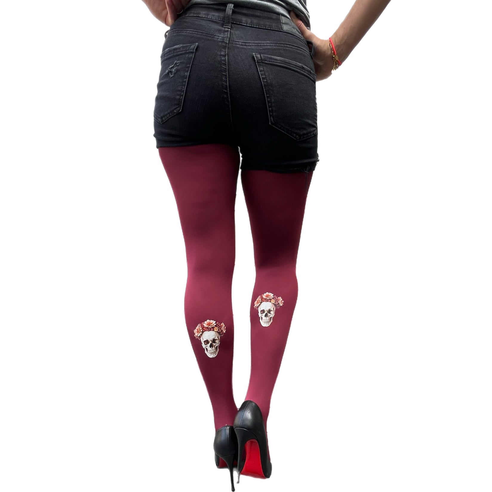 Women’s burgundy skull back print tights, 80 denier opaque hosiery with gothic style design