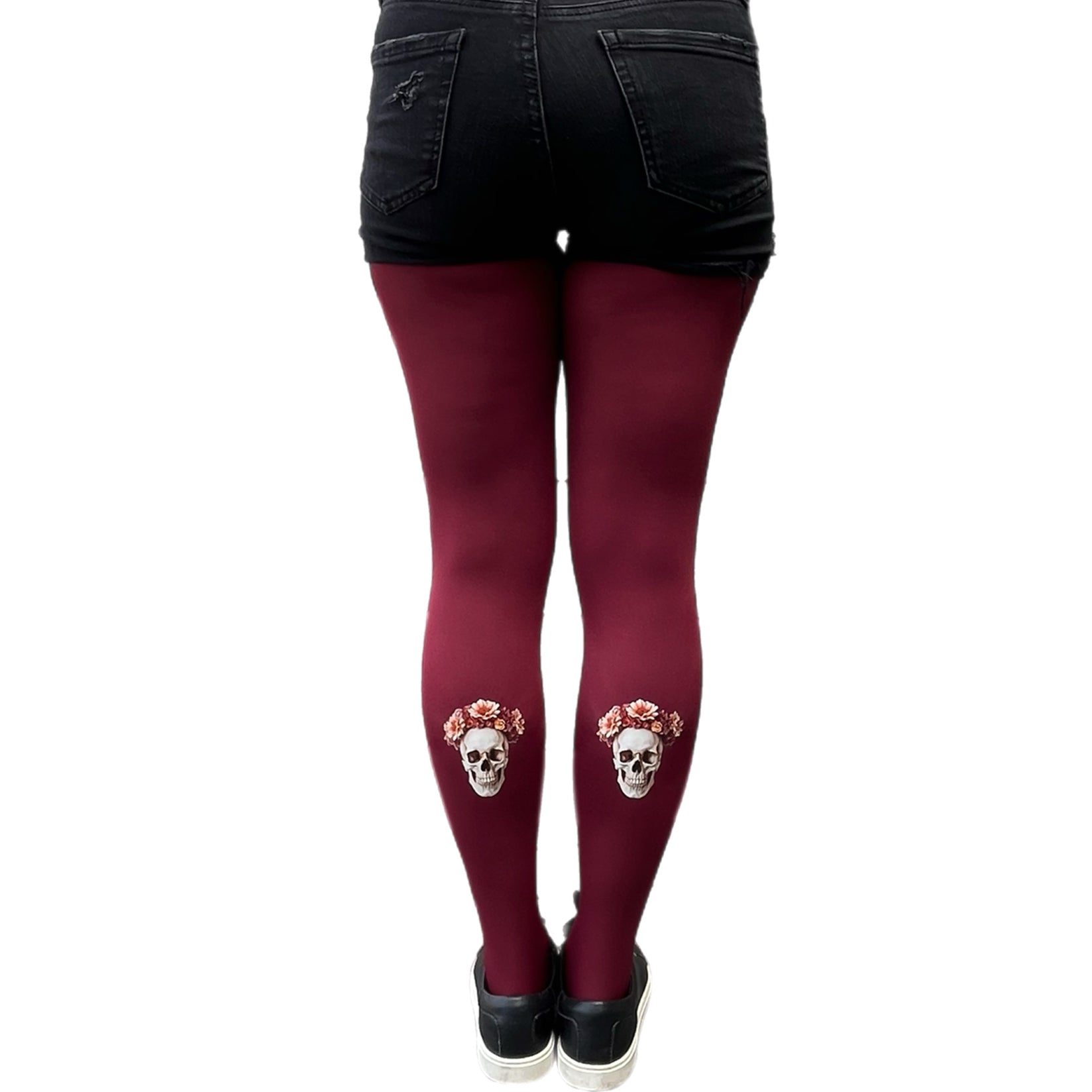 Burgundy 80 denier opaque tights with skull back print on calves, stylish women’s fashion hosiery rear view