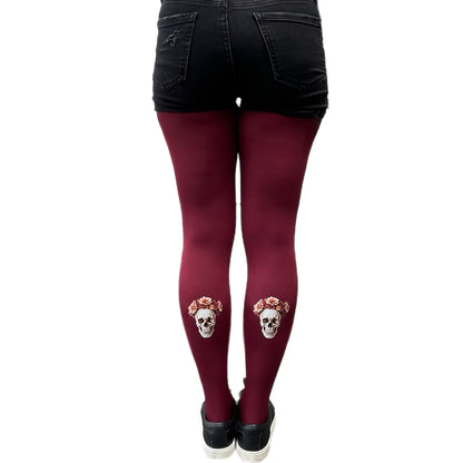 Burgundy 80 denier opaque tights with skull back print on calves, stylish women’s fashion hosiery rear view