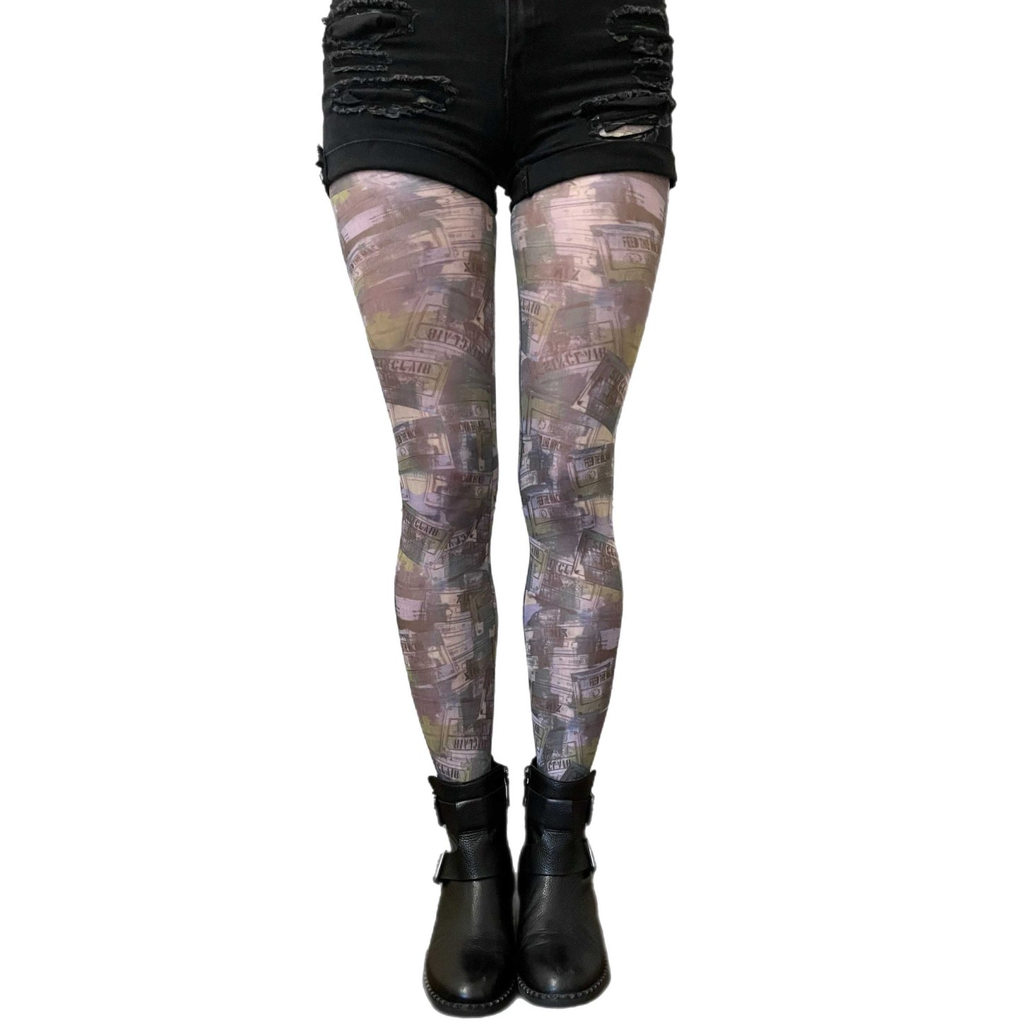 Camo tape patterned tights by Sinclair The Vandal for Malka Chic featuring bold abstract streetwear design.