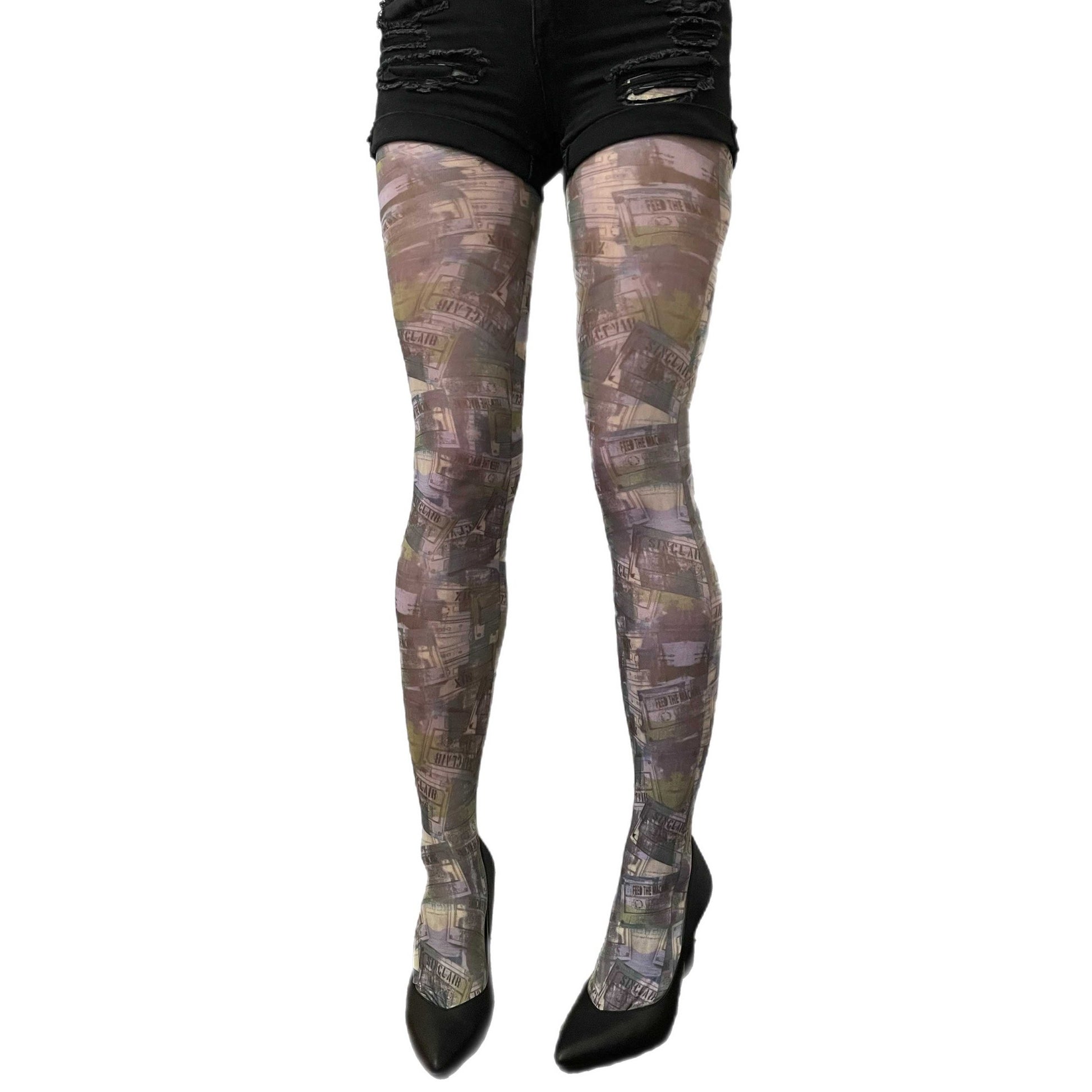 Camo tape patterned tights by Sinclair The Vandal for Malka Chic featuring bold abstract streetwear design.