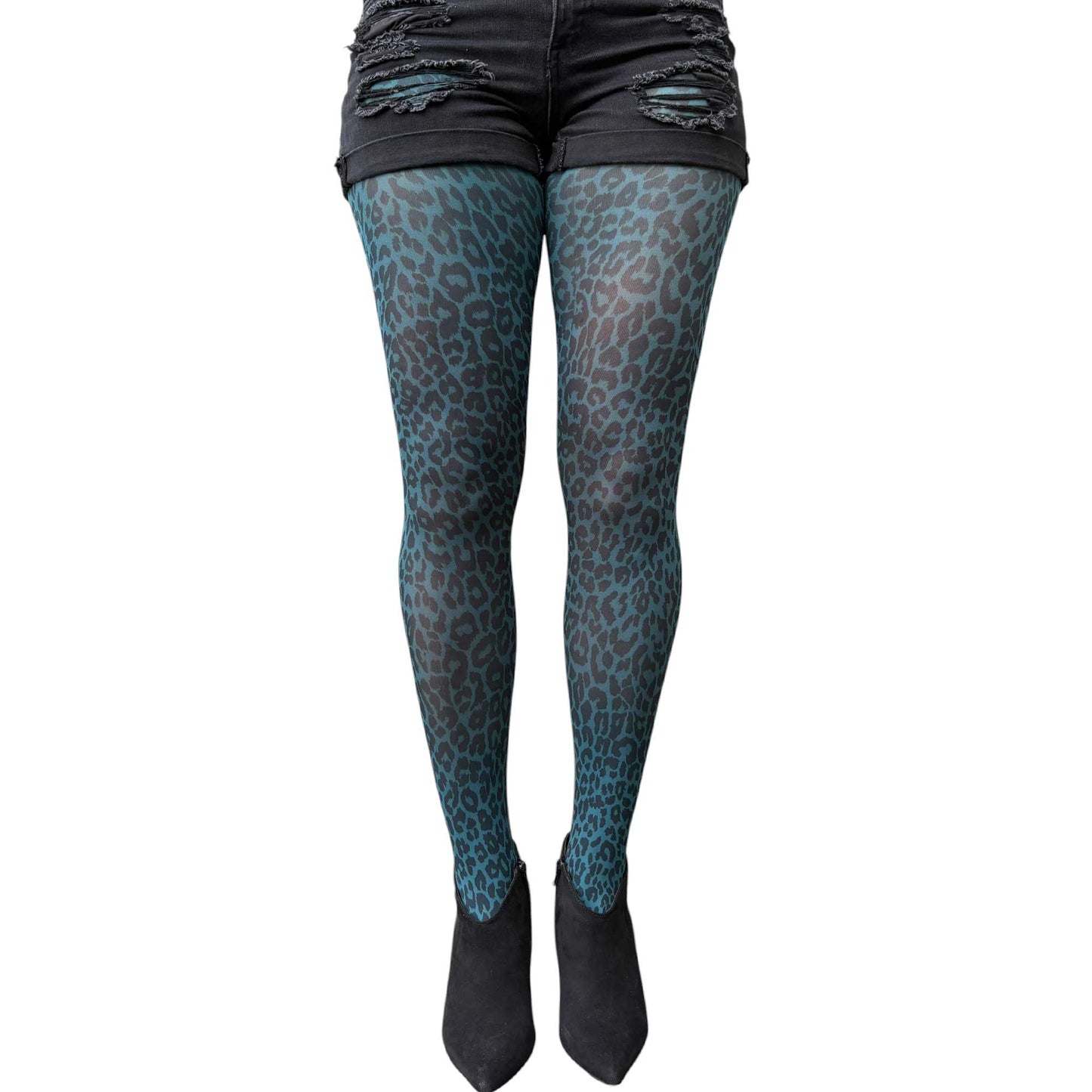 Women’s teal leopard print tights with sheer fabric and trendy wild pattern