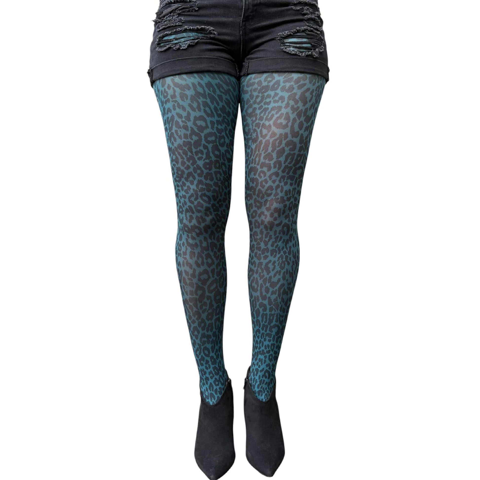Women’s teal leopard print tights with sheer fabric and trendy wild pattern
