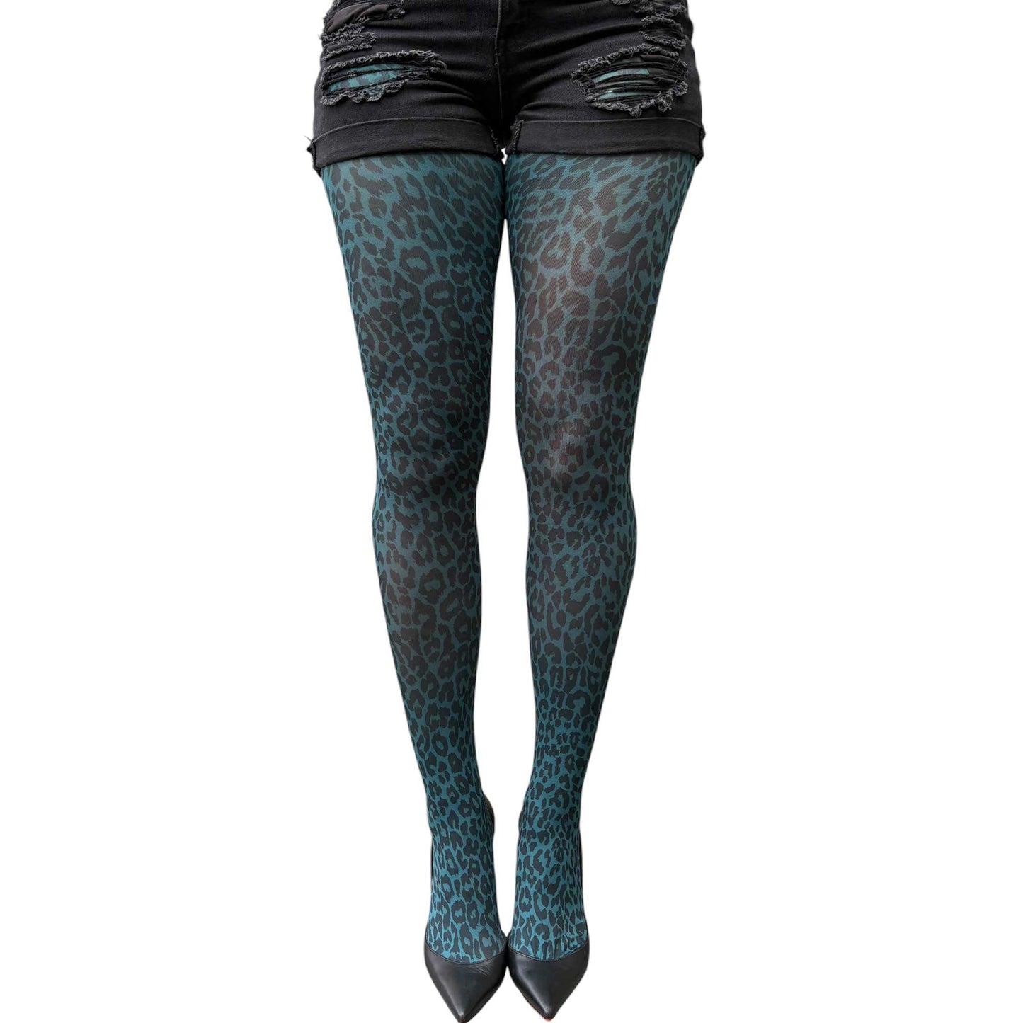Teal animal print tights featuring leopard spots and vibrant contemporary look