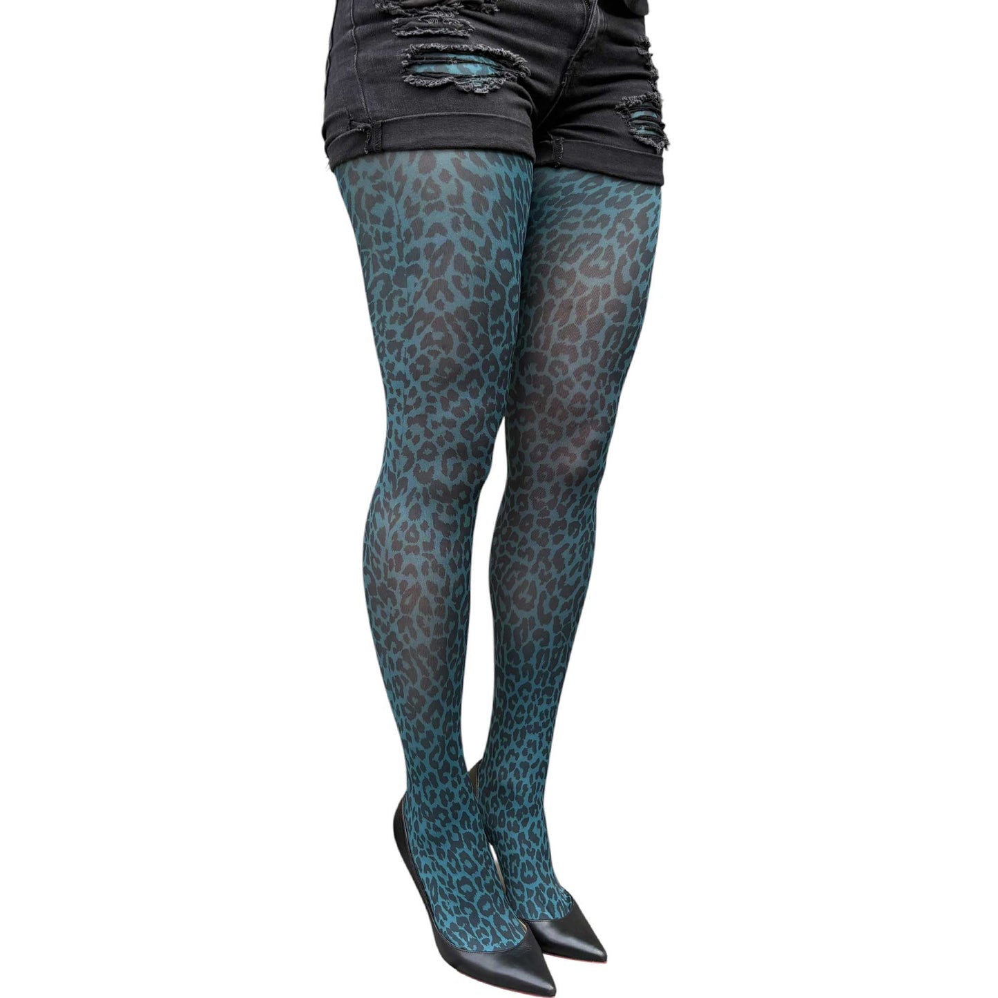 Women’s patterned tights with teal leopard print and soft stretch comfort