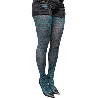 Women’s patterned tights with teal leopard print and soft stretch comfort