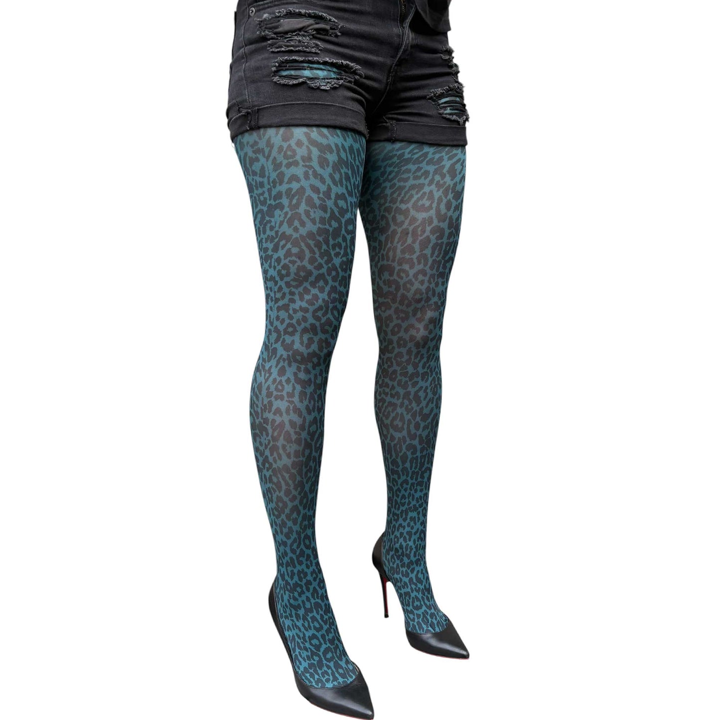 Teal Leopard Print Opaque Tights