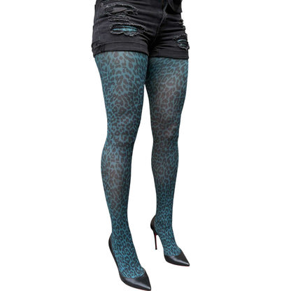 Teal Leopard Print Opaque Tights