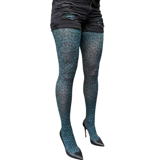 Teal Leopard Print Opaque Tights
