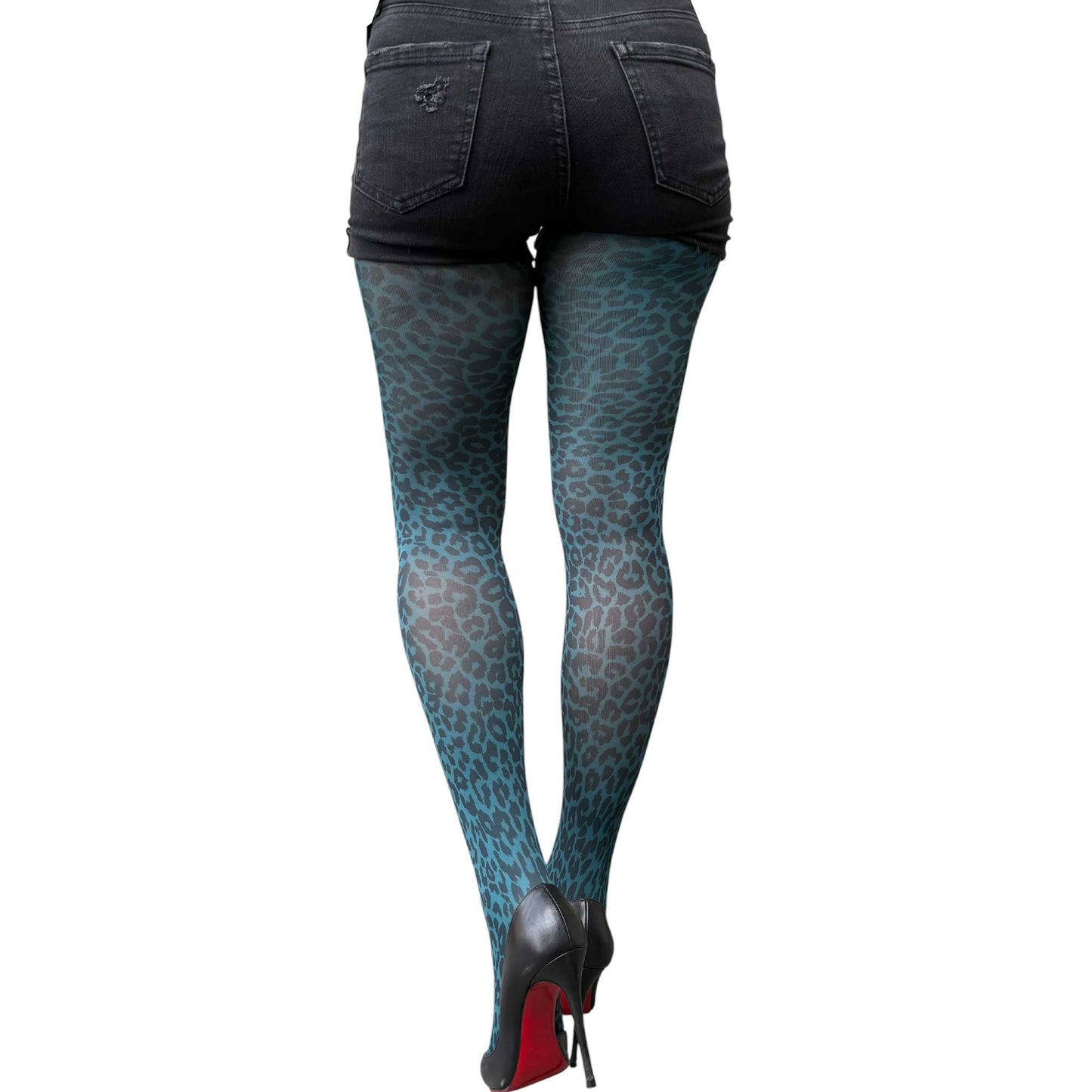 Bold teal leopard tights perfect for edgy streetwear and statement outfits
