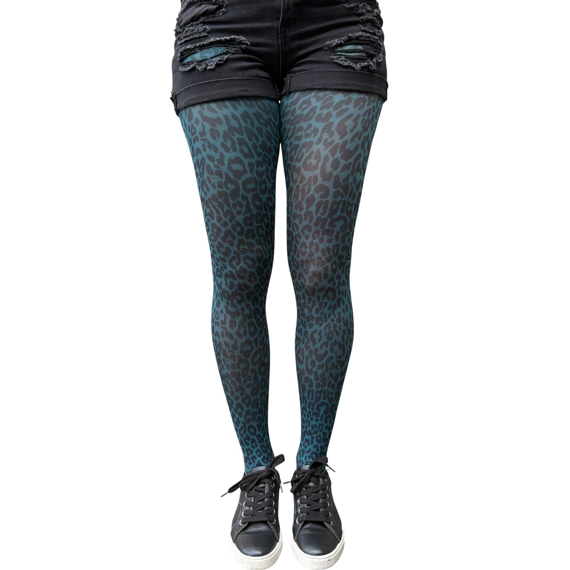 Stylish teal animal print pantyhose for women with fashionable leopard pattern