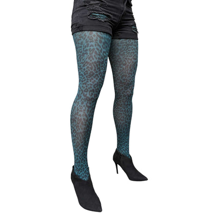 Teal leopard tights for women with bold animal print and modern fashion style