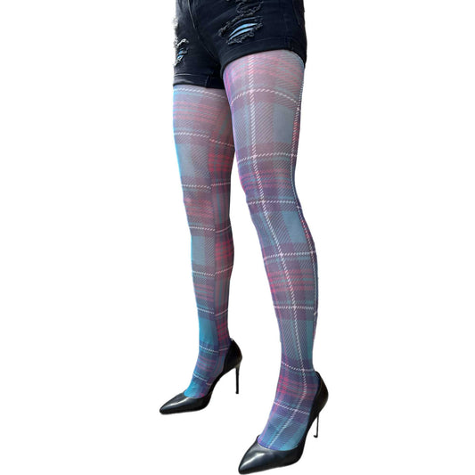 Teal plaid tights by Malka Chic featuring classic check patterned hosiery