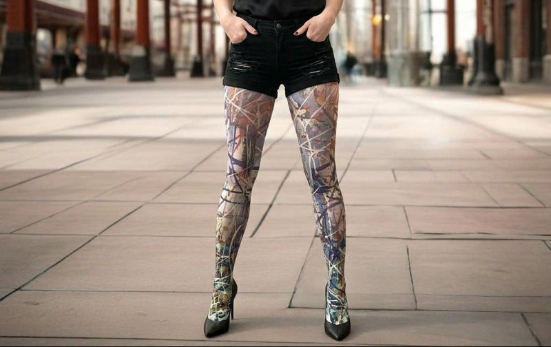 Woman wearing printed patterned tights Malka Chic